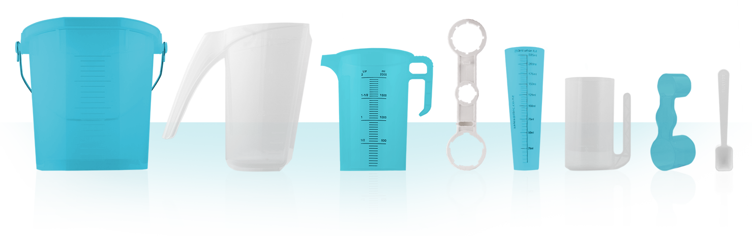 buckets, scoops, measuring cylinders, spanners and jugs