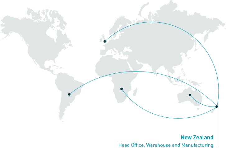 map showing connections from New Zealand to the UK, Africa, Australia and South America