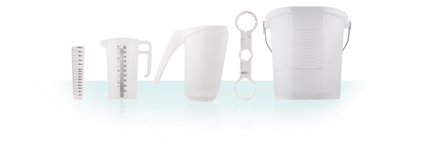 plastic measuring cylinder and jugs, plastic spanner and bucket