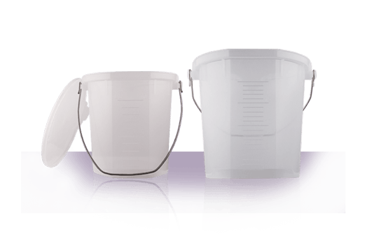 two plastic buckets, one with a lid, both with handles