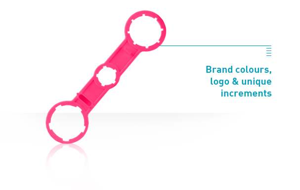bright pink lid spanner, text saying Brand colours, logo & unique increments