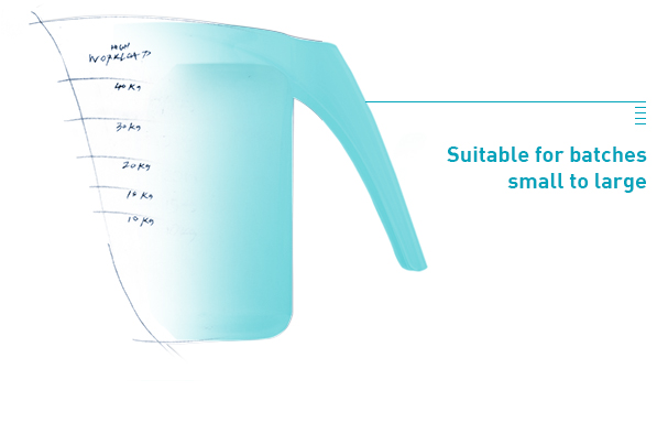 jug drawing with custom pen marks, text: "Suitable for batches small to large"